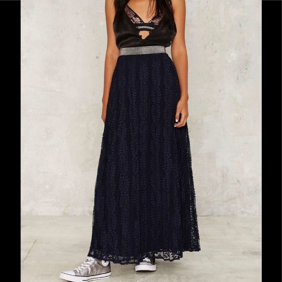 Nasty Gal Dresses & Skirts - - Nasty Gal Lucy Paris Navy Pleated Lace Maxi Skirt